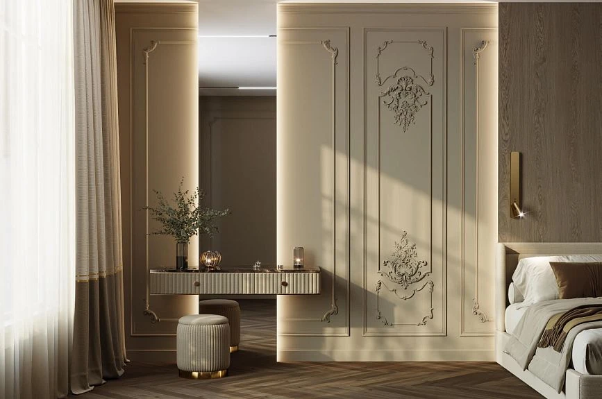 Idea for decorating Versailles wall panels INTPU-019 for a bedroom with moldings, stucco, and lighting