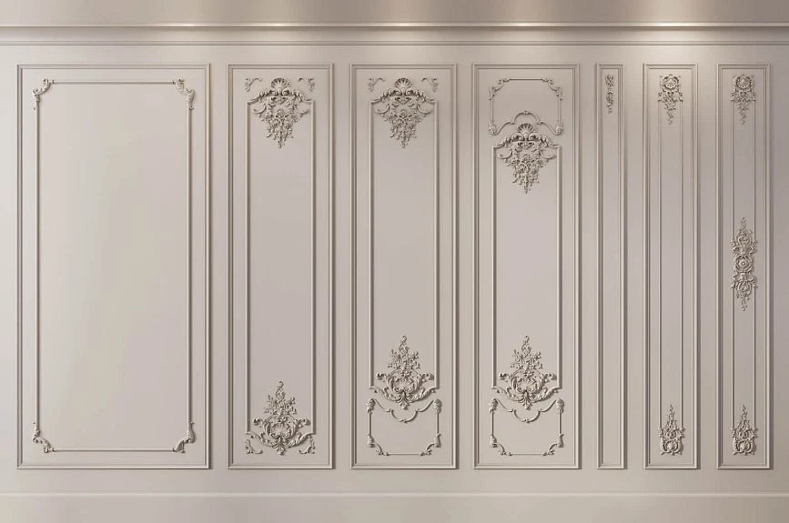 Idea for decorating Versailles INTPU-018 wall panels with classic moldings and stucco overlays