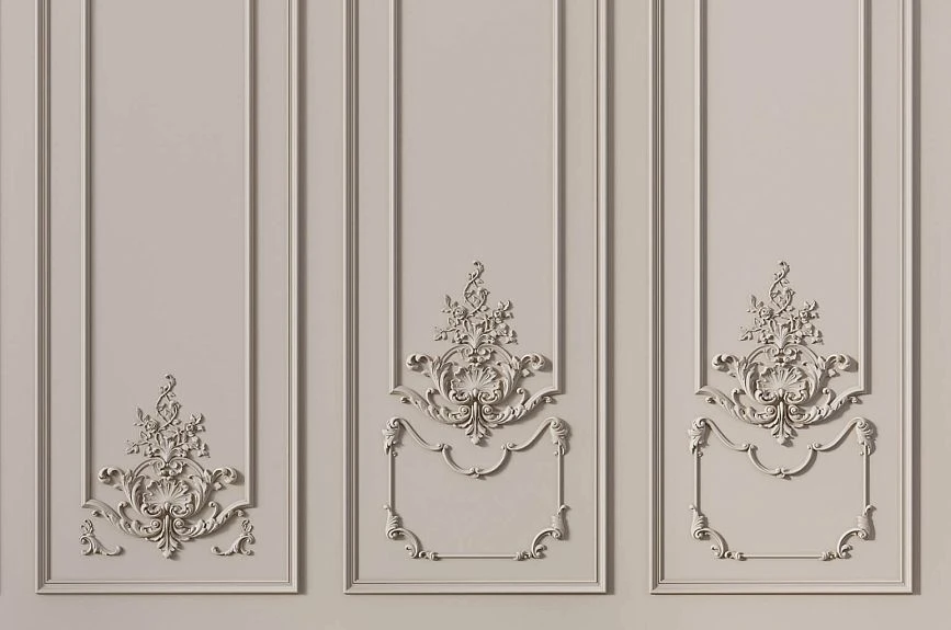 Classic Versailles wall panels with moldings, ornamental overlays, and narrow decorative modules