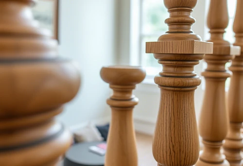 Balusters made of natural wood, used in the construction of a wooden table, close-up, modern interior