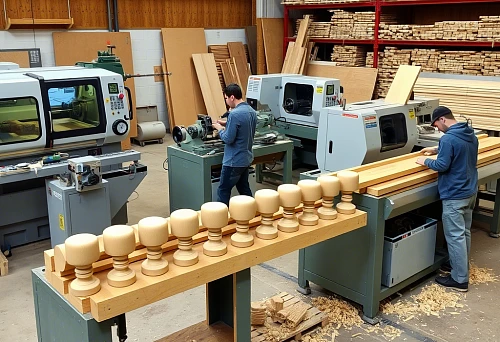 Home workshop with lathe machines and the process of making wooden balusters