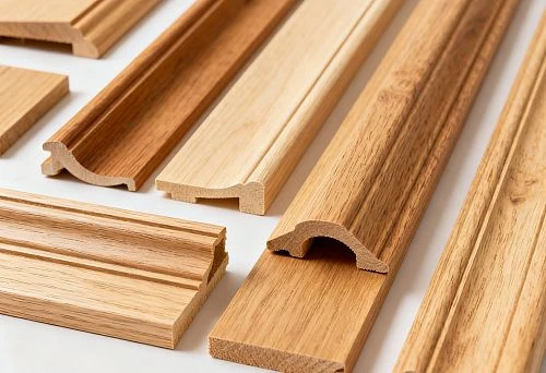 Set of wooden molding items in light and natural shades