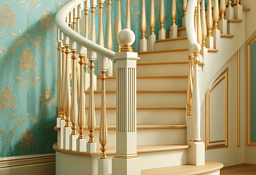 Spiral staircase with elegant light-colored balusters and gold decorative elements
