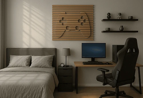 Modern Bedroom with MDF Wooden Slats and Work Area