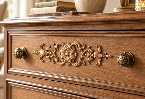 Wooden overlay N-106 between two handles on the drawer front of a dresser