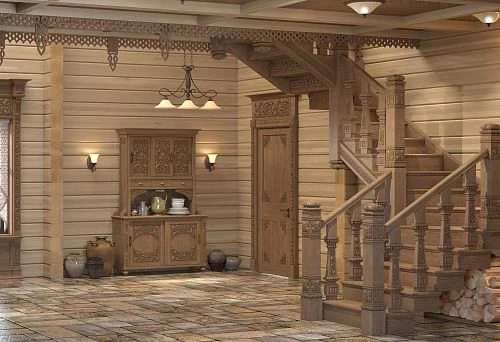 Classic wooden staircase with carved balusters and decorative elements