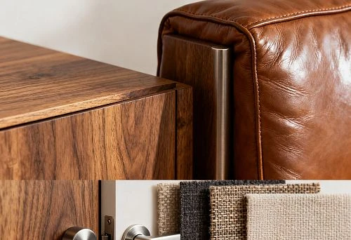 Wooden surface and leather furniture element with metal parts