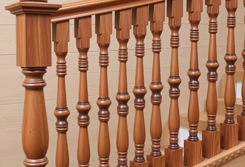 Stair railing with classic wooden balusters and solid support newel post in the interior of a private home