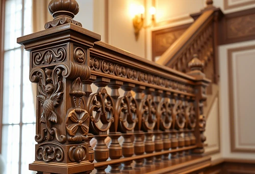 Luxurious staircase railing with carved wooden balusters and posts