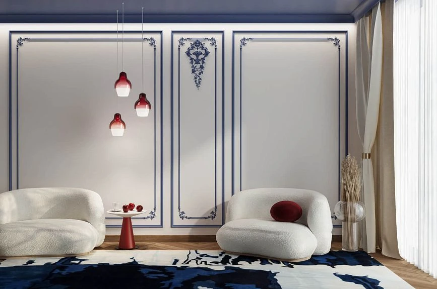Idea for decorating wall panels Botanical Garden INTPU-022 for a living room with blue moldings