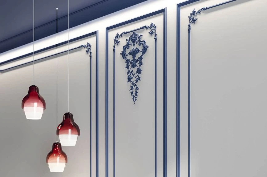 Botanical Garden plant stucco decor with blue moldings and pendant lights