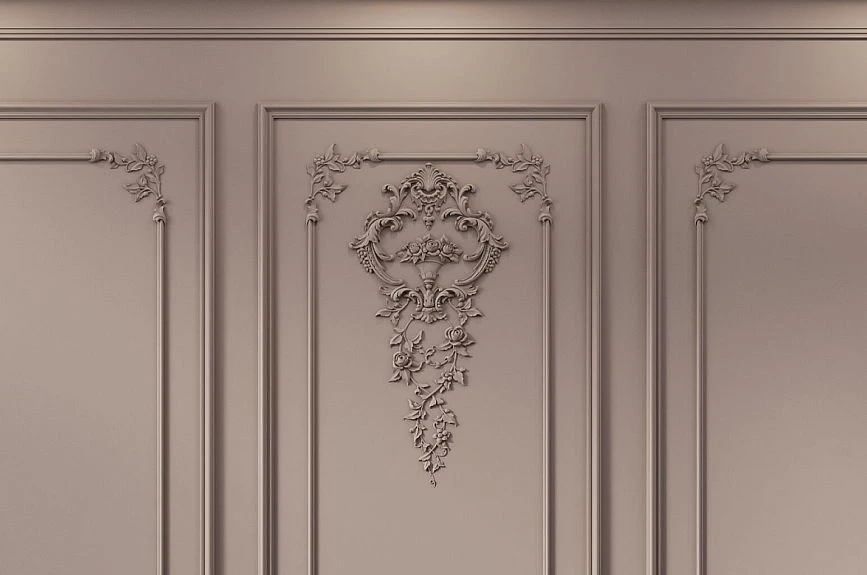 Floral stucco overlay Botanical Garden on wall panel with moldings