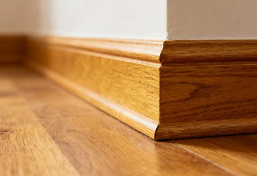 Wooden floor skirting board with smooth oak texture