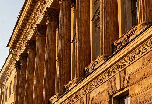 Architectural Facade Decor of Columns in St. Petersburg at Sunset