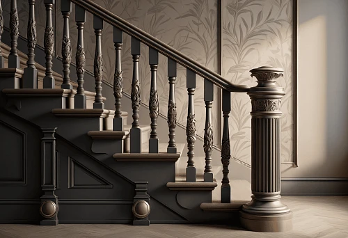 Staircase with carved wooden balusters in Kazan style and large ornamental cabinet