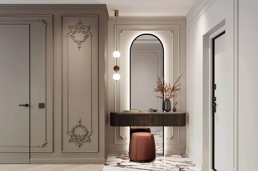Idea for decorating Tavrichesky Sad INTPU-024 wall panels for an entryway with moldings and stucco decor
