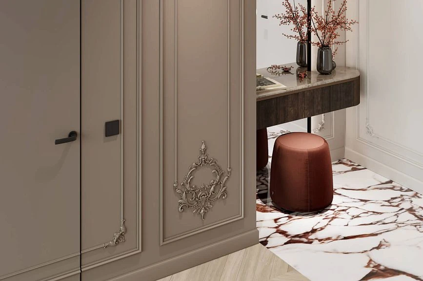 Neoclassical hallway with Tauride Garden panels, mirror, console, and stucco overlays