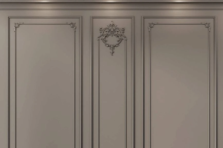 Tauride Garden wall panels with symmetrical moldings and classic stucco decor