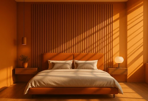 MDF veneer slat in bedroom interior with accent wall