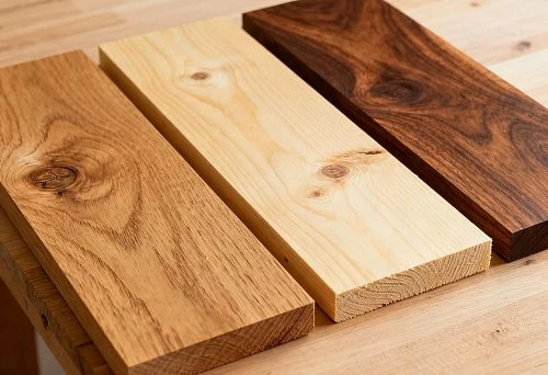 Wood Species for Furniture: Light Pine, Dark Walnut, and Oak.