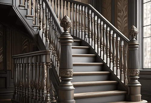 Staircase with solid straight wooden balusters and carved support posts