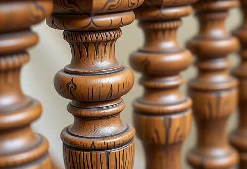 Close-up of Balusters with Unusual Design, Pronounced Texture, and Artistic Carving