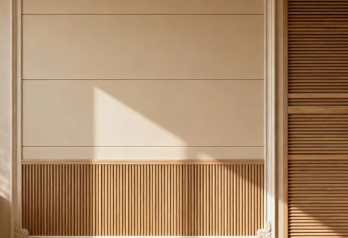 Wall with decorative panels and oak battens