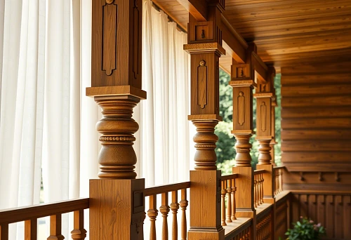 Decorative and architectural wooden balusters on the veranda of a house in Simferopol