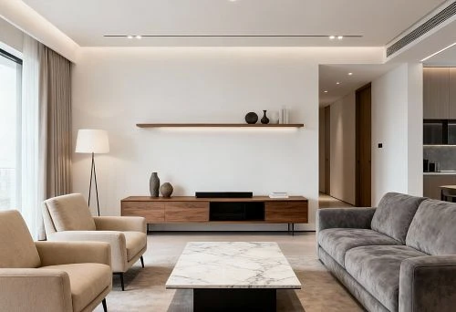 Modern Living Room with Gray Sofa, Beige Armchairs and Marble Coffee Table