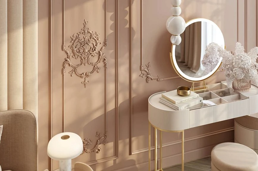 Bedroom with powder-coated wall panels Summer Garden, moldings, and vanity area