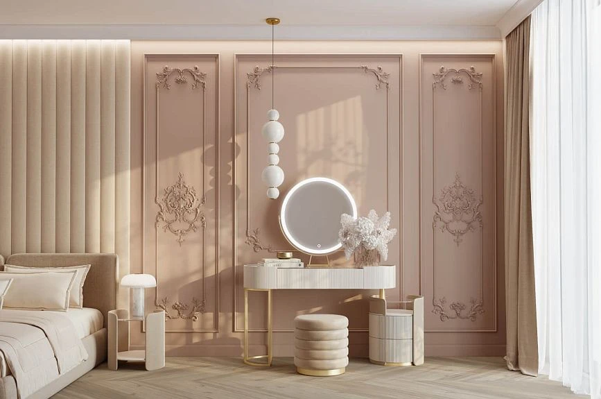 Wall panel decoration idea Summer Garden INTPU-026 with floral stucco and round mirror