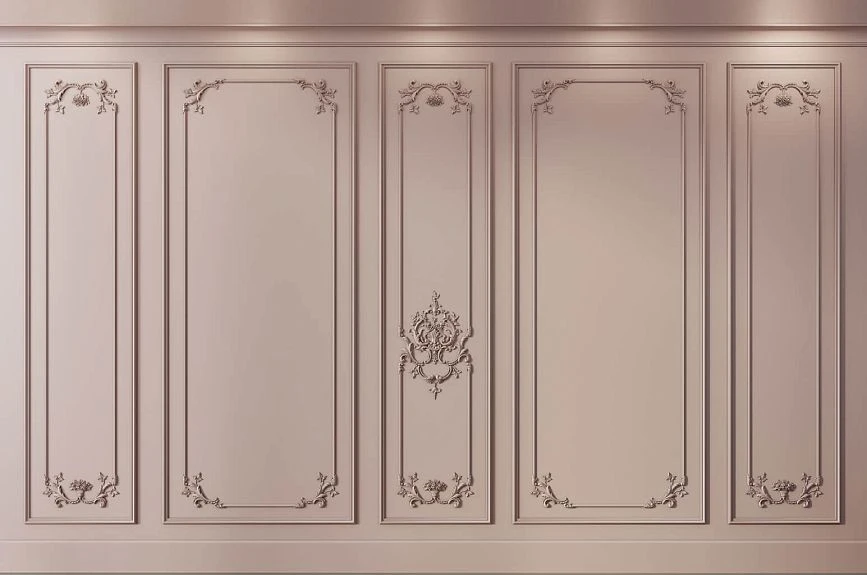 Idea for decorating wall panels Summer Garden INTPU-025 with powder moldings and floral stucco