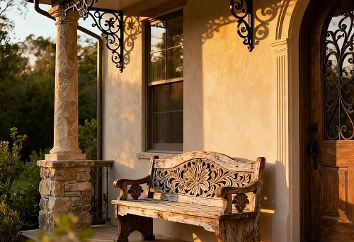 Stone Columns and Carved Wooden Bench in Outdoor Home Decor