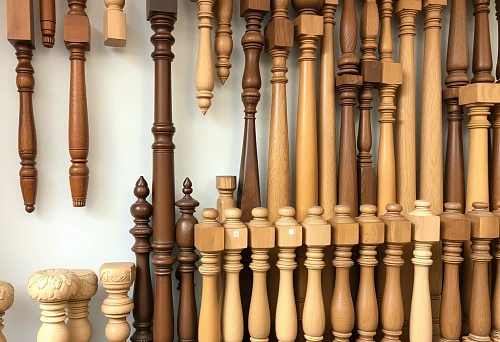 Collection of wooden balusters of various shapes and shades, showcasing the traditions and carpentry craftsmanship of Tomsk
