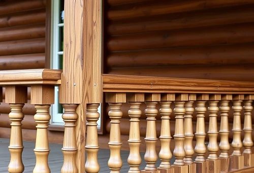 Classic Kostroma balusters on the terrace of a wooden house &mdash; a blend of tradition and modern staircase design