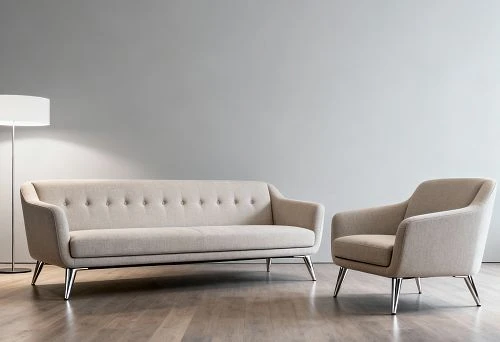 Beige sofa and armchair in a minimalist interior with wooden floor