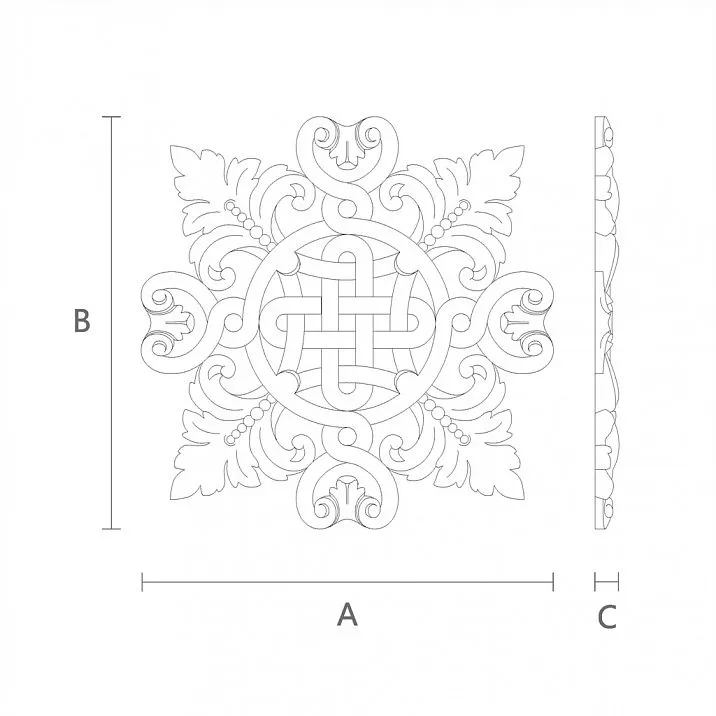 Wooden inlay with floral carving, drawing