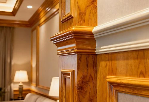 Interior with wooden and polyurethane moldings, trims, and decorative elements