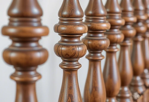 Close-up of artistically decorated wooden balusters with expressive texture and classic profile