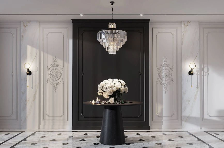 Idea for decorating Brussels wall panels INTPU-028 for a hall with a black accent panel and marble