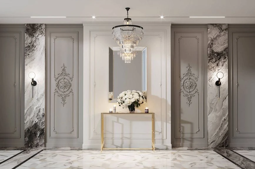 The idea of decorating Brussels wall panels INTPU-029 for a hall with a mirror, console, and marble inserts