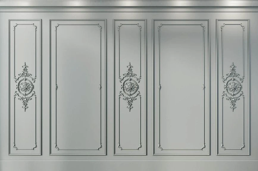 Idea for decorating wall panels Brussels INTPU-027 with gray-green moldings and stucco medallions