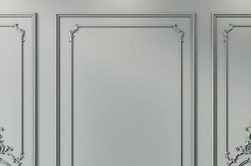 Gray-green wall panels Brussels with thin moldings and corner stucco decor