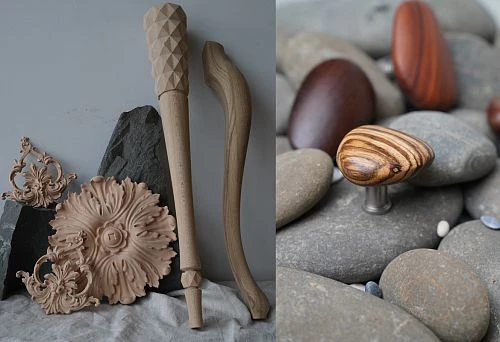 Oval Wooden Handle with Expressive Texture, Resembling Sea Pebbles, Against a Stone Background