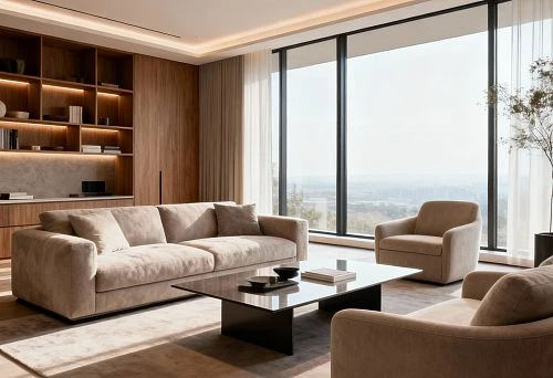 Spacious living room in modern style with panoramic windows and soft furniture