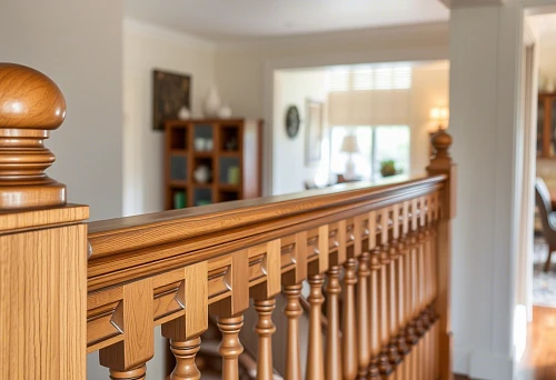 Wooden balusters on stairs in interior, masterful manufacturing, artistic decoration, bright cozy home