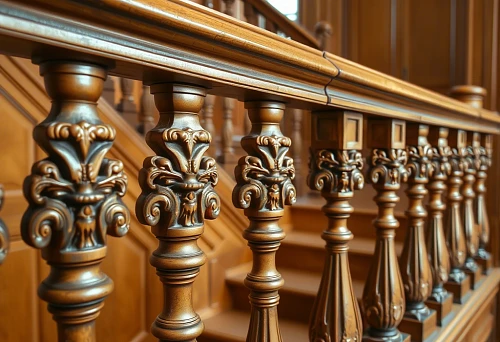 Detailed Carved Balusters with Artistic Decoration on Staircase Railing
