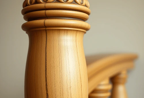 Close-up of decorative carved post and handrails made of natural wood