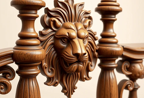 Carved wooden baluster in Roman style with decorative lion head