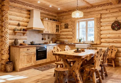 Kitchen in Russian style with solid wood furniture, wooden panels, rails and plinth